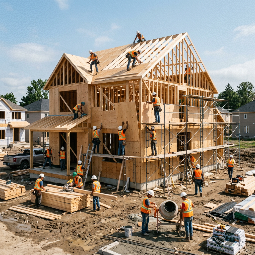 Construction workers building wooden frame house with scaffolding and tools.
