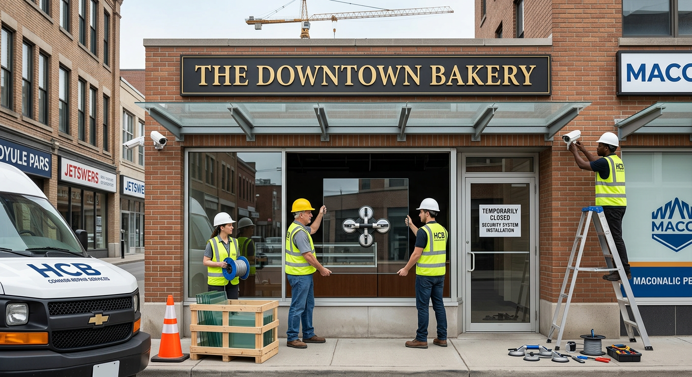 Workers installing storefront glass and security camera outside The Downtown Bakery