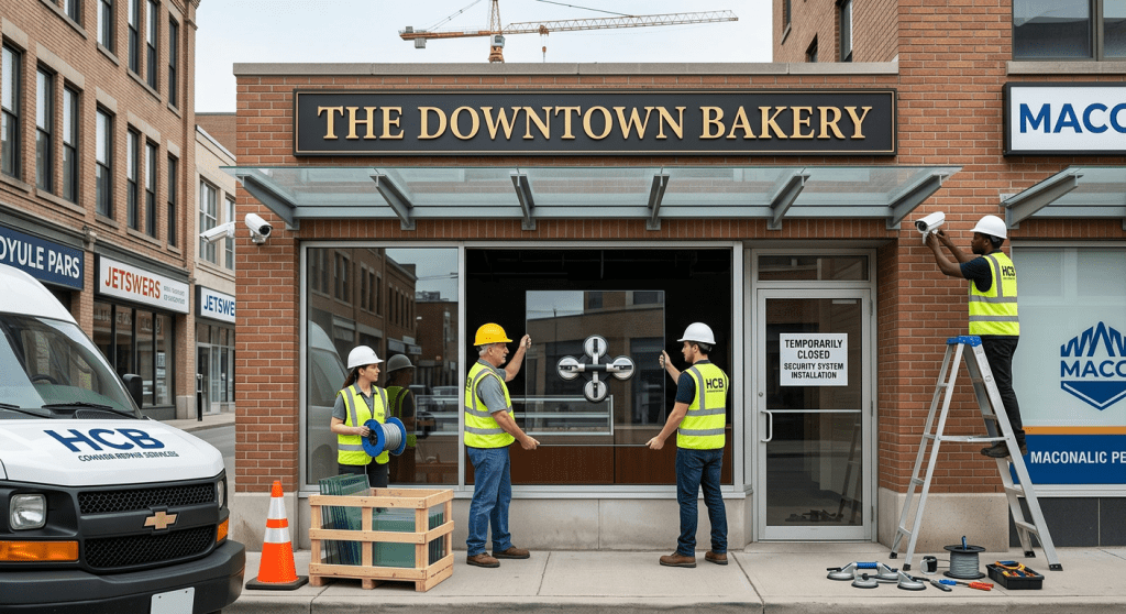 Workers installing storefront glass and security camera outside The Downtown Bakery