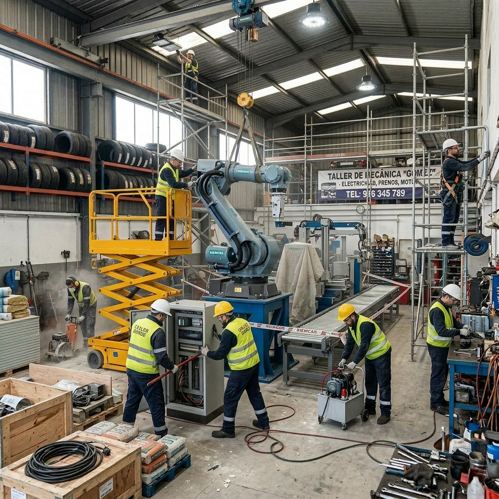 Several workers in safety gear operating machinery and scaffolding around a robotic arm in a spacious industrial workshop
